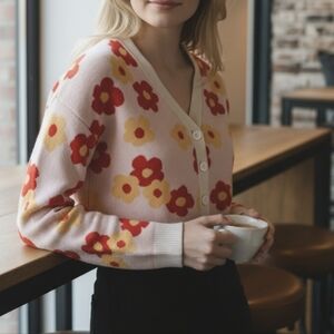 Rsq Y2K Style Floral Knit Fall Colors Lagenlook Small Cardigan Button Up